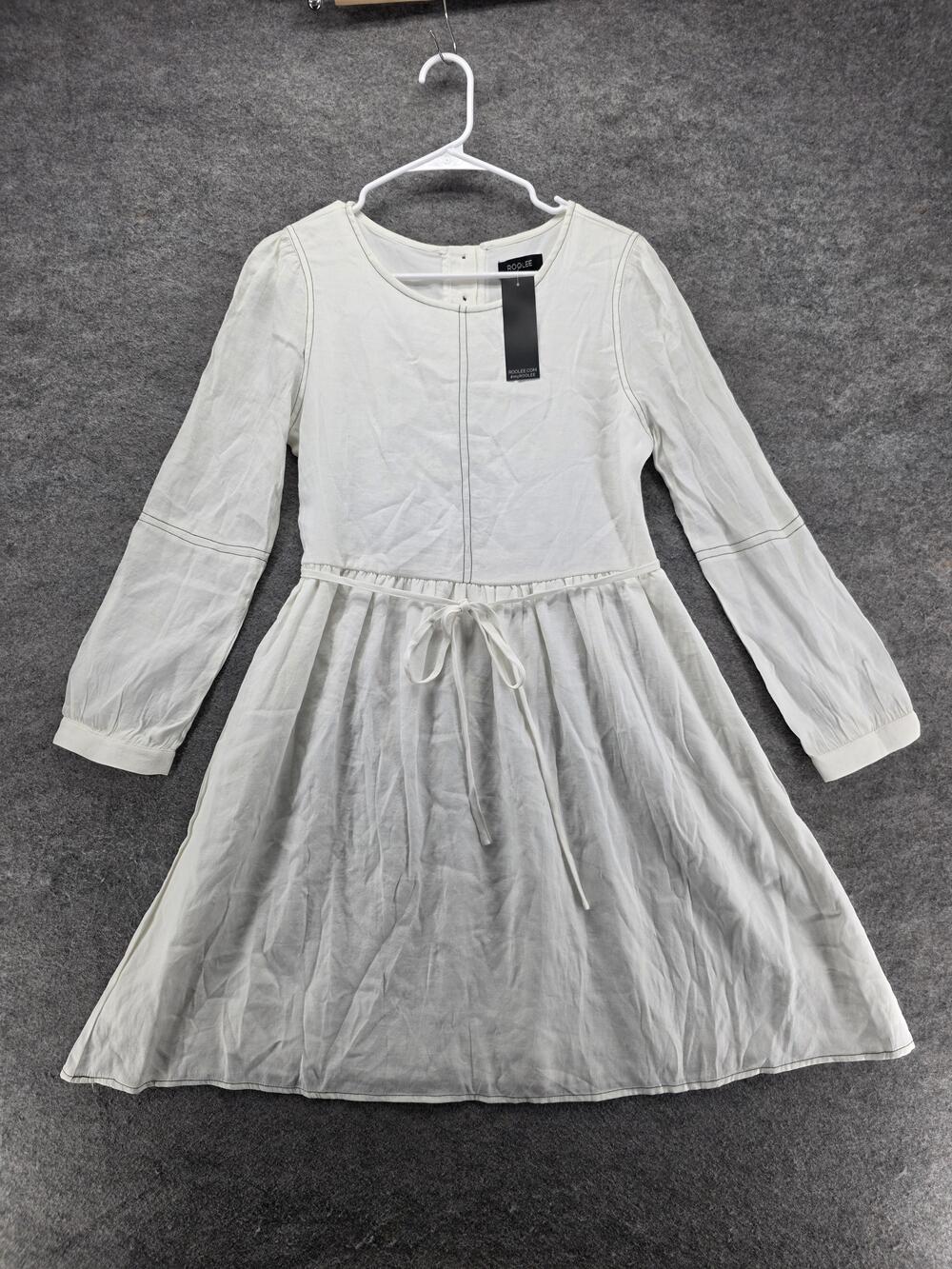 Roolee Dress Womens Large White Long Sleeve Tie Waist Lined Midi Boho